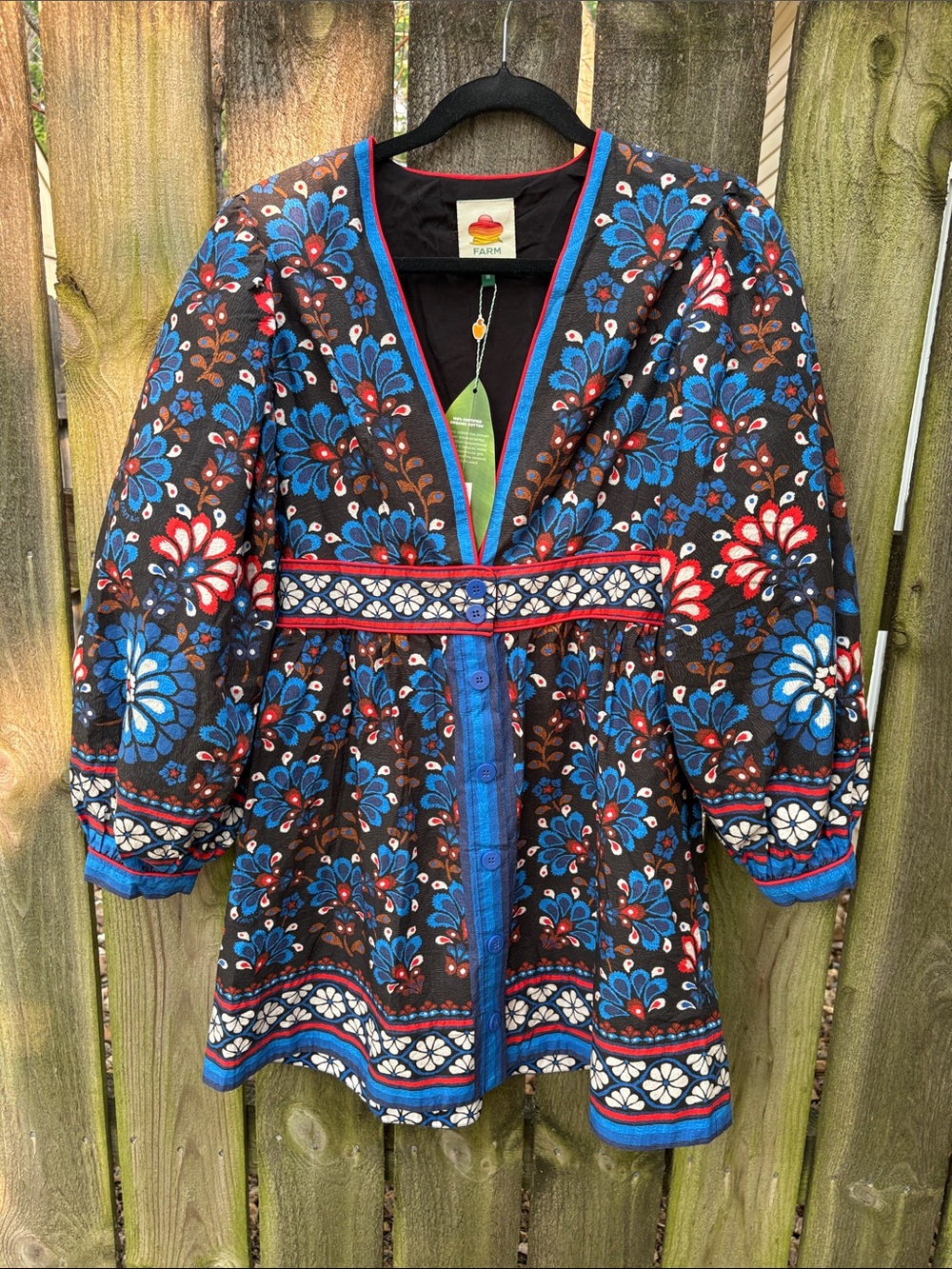 NWT Farm Rio Medium Black Latina Scarf Puff Sleeve Mini Dress